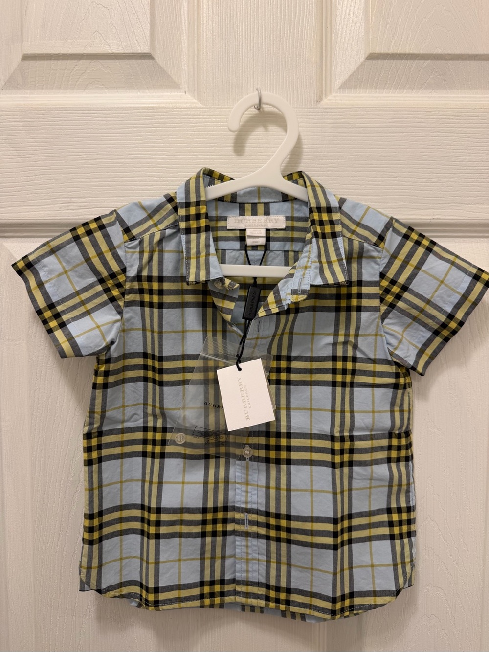 Burberry Kids Short-Sleeve Plaid Button-Down - Light Blue, Yellow & Black